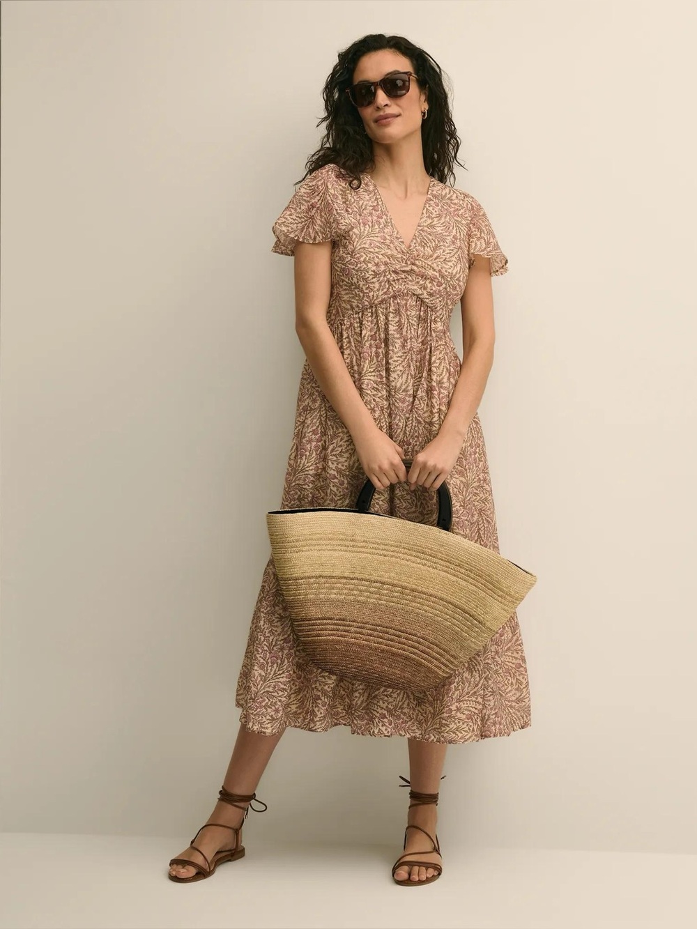 Brooks Brothers Floral Midi Dress in Cream, Pink, Green